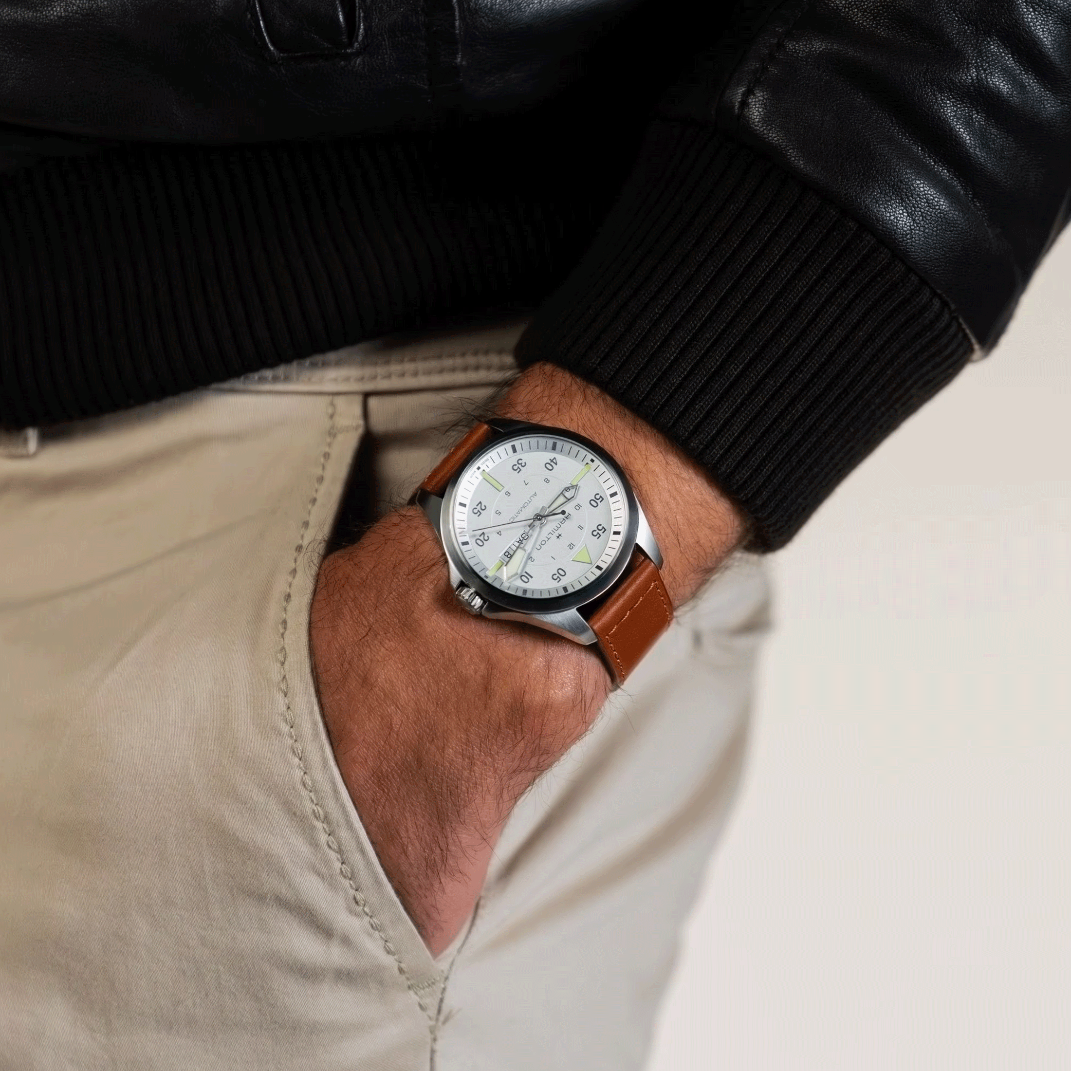 Hamilton Khaki Aviation Pilot Day Date automatic watch silver dial brown leather strap 42 mm