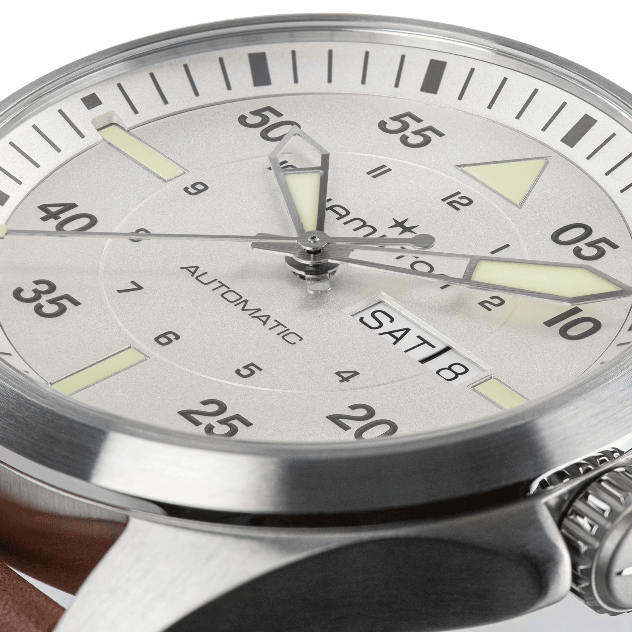 Hamilton Khaki Aviation Pilot Day Date automatic watch silver dial brown leather strap 42 mm