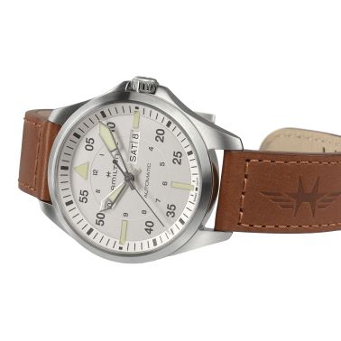 Montre Hamilton Khaki Aviation Pilot Day Date automatique cadran argent bracelet cuir marron 42 mm H64635550
