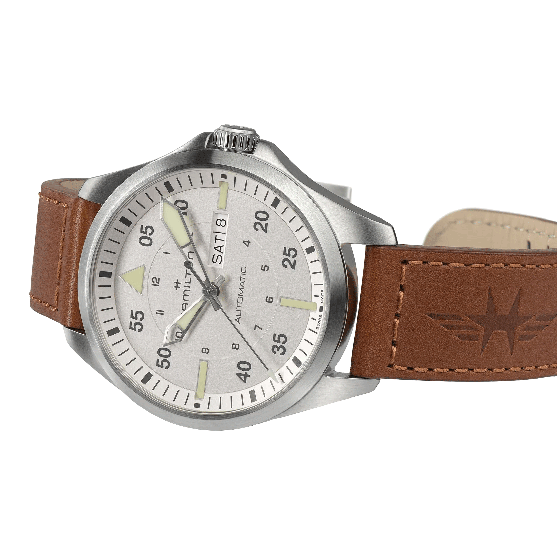 Hamilton Khaki Aviation Pilot Day Date automatic watch silver dial brown leather strap 42 mm