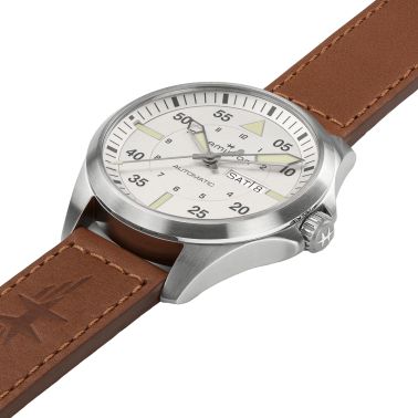 Hamilton Khaki Aviation Pilot Day Date automatic watch silver dial brown leather strap 42 mm