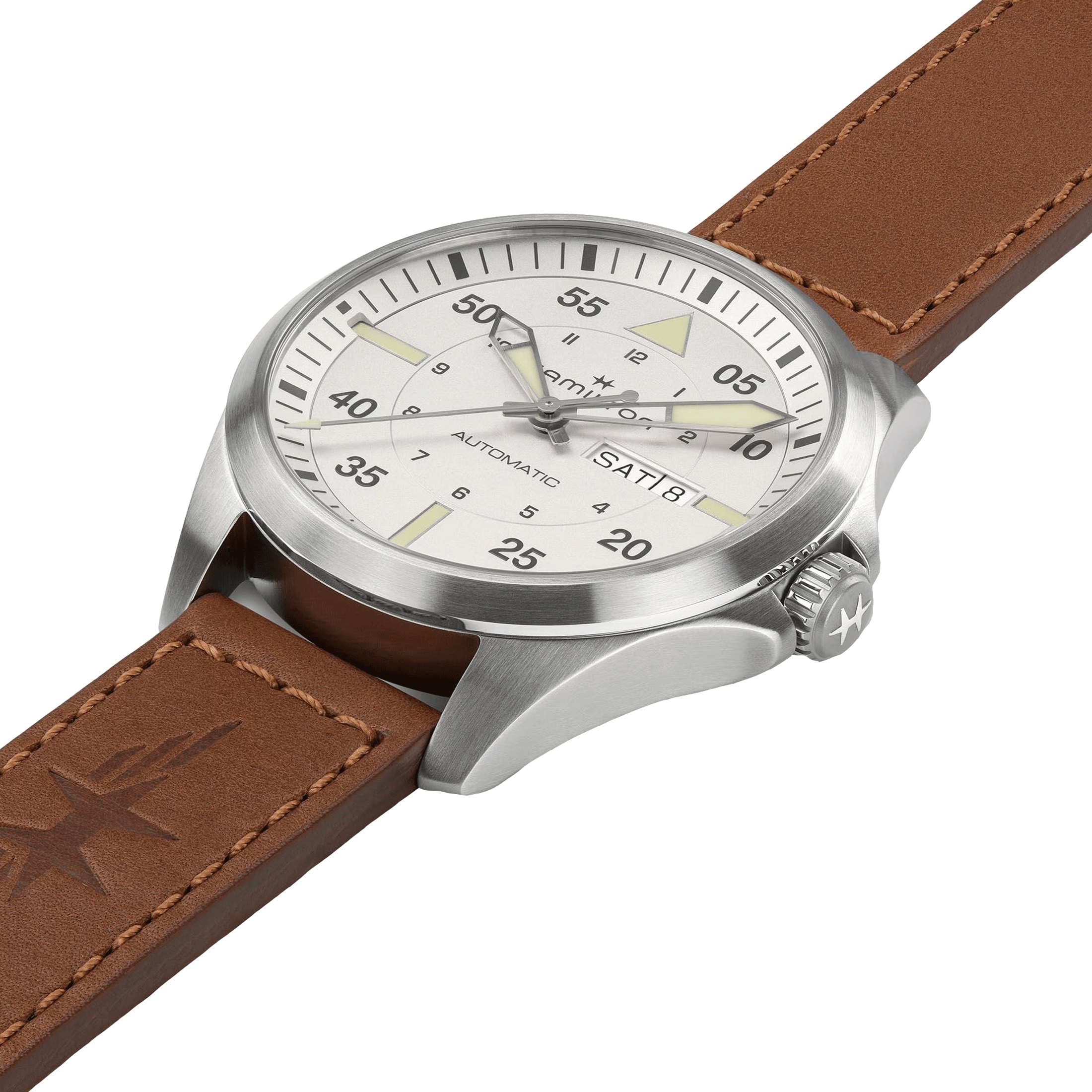 Hamilton Khaki Aviation Pilot Day Date automatic watch silver dial brown leather strap 42 mm