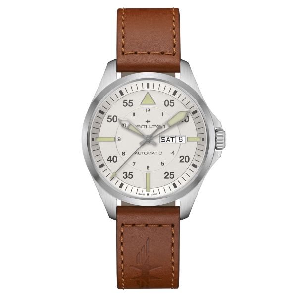 Hamilton Khaki Aviation Pilot Day Date automatic watch silver dial brown leather strap 42 mm