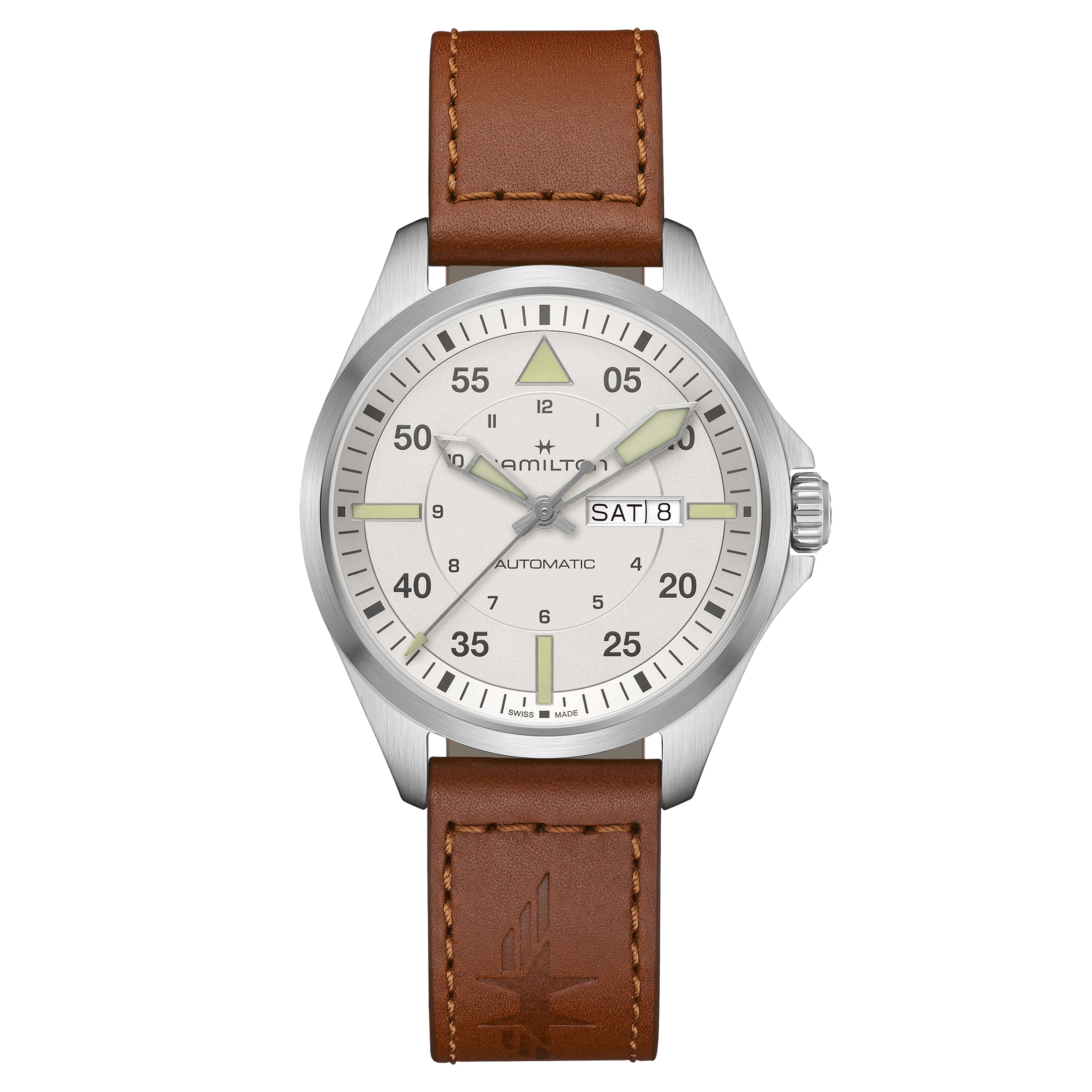 Hamilton Khaki Aviation Pilot Day Date automatic watch silver dial brown leather strap 42 mm