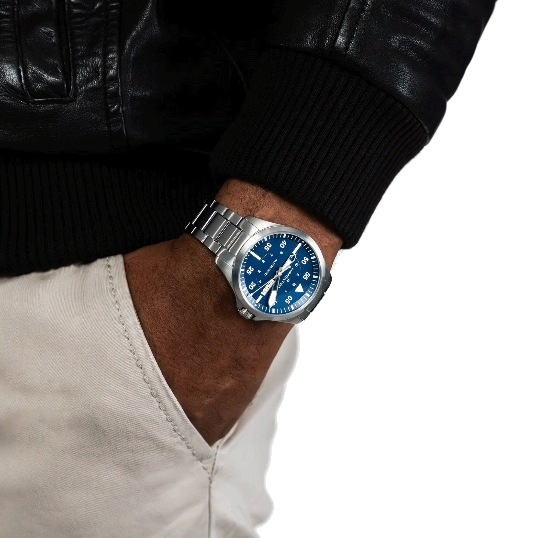 Hamilton Khaki Aviation Pilot Day Date automatic watch blue dial steel bracelet 42 mm