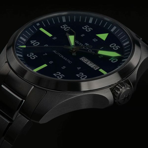 Hamilton Khaki Aviation Pilot Day Date automatic watch blue dial steel bracelet 42 mm