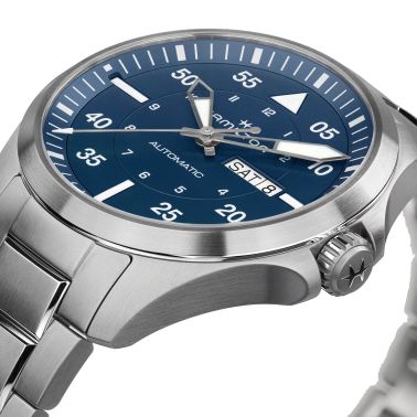 Hamilton Khaki Aviation Pilot Day Date automatic watch blue dial steel bracelet 42 mm