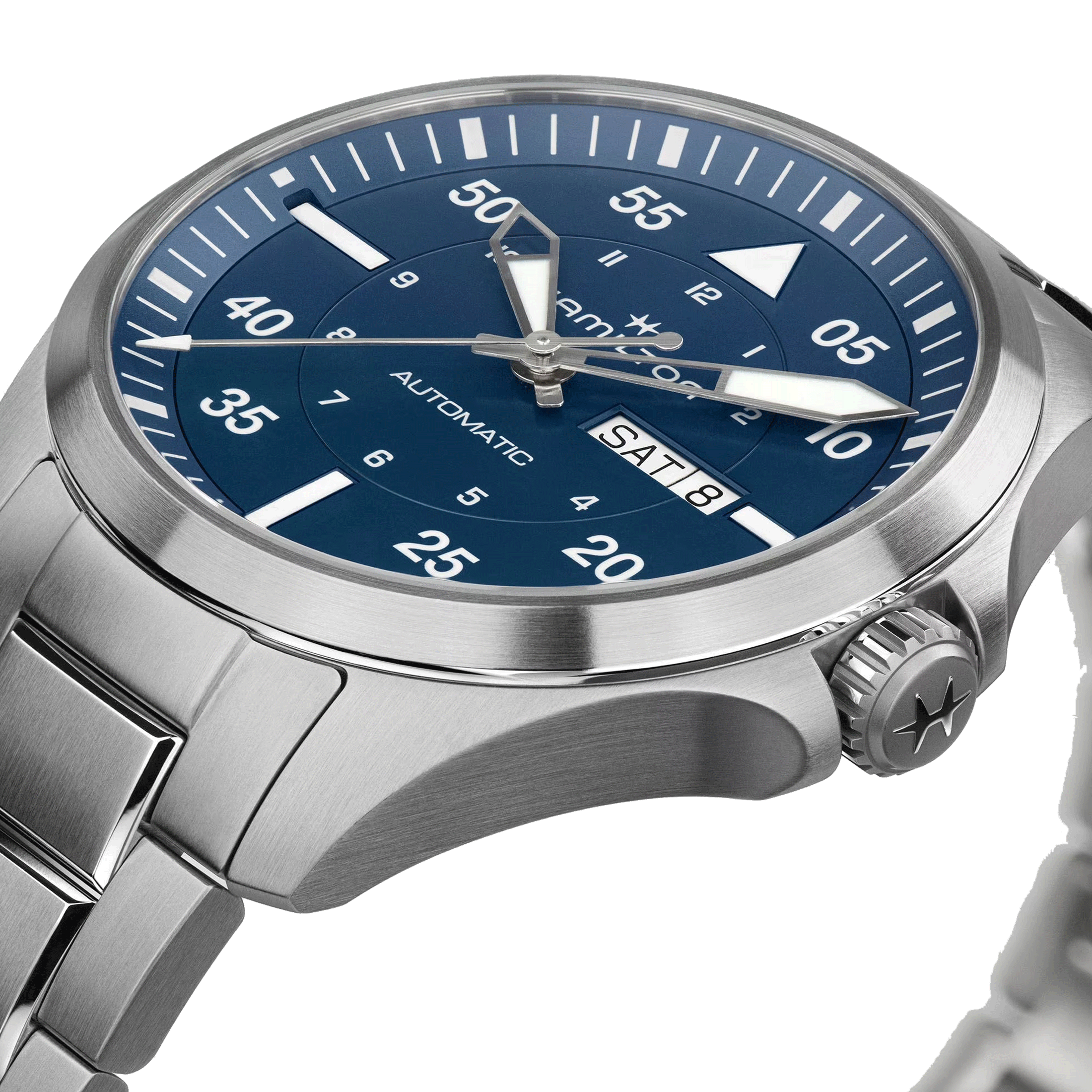 Montre Hamilton Khaki Aviation Pilot Day Date automatique cadran bleu bracelet acier 42 mm H64635140