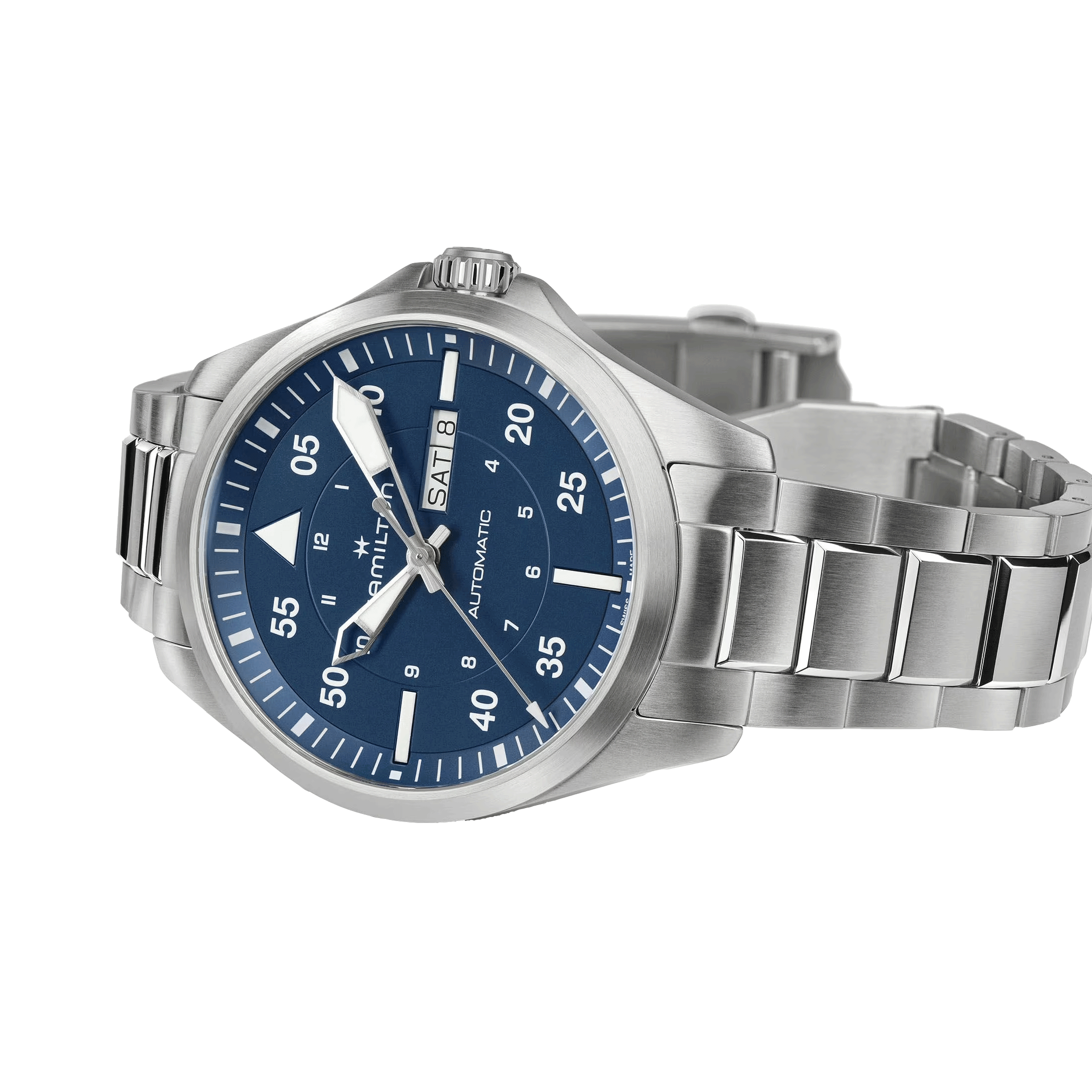 Hamilton Khaki Aviation Pilot Day Date automatic watch blue dial steel bracelet 42 mm