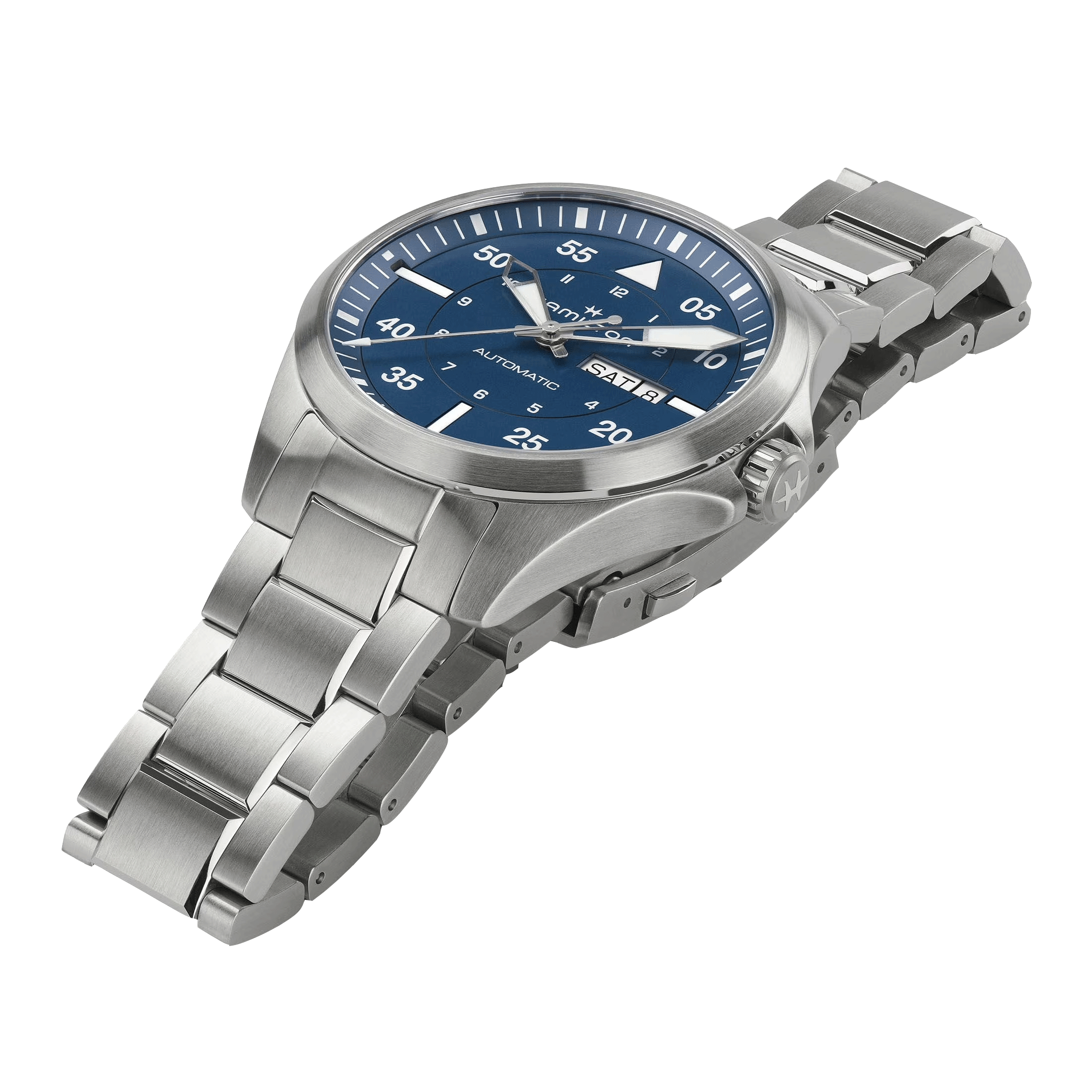 Montre Hamilton Khaki Aviation Pilot Day Date automatique cadran bleu bracelet acier 42 mm H64635140