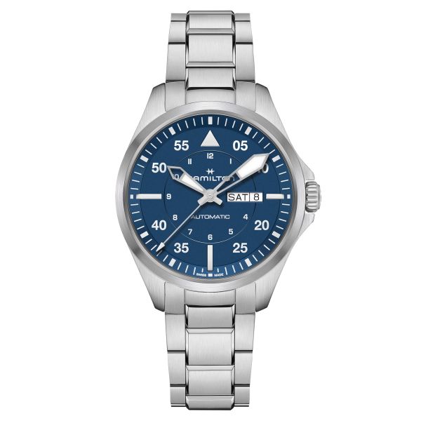 Montre Hamilton Khaki Aviation Pilot Day Date automatique cadran bleu bracelet acier 42 mm H64635140