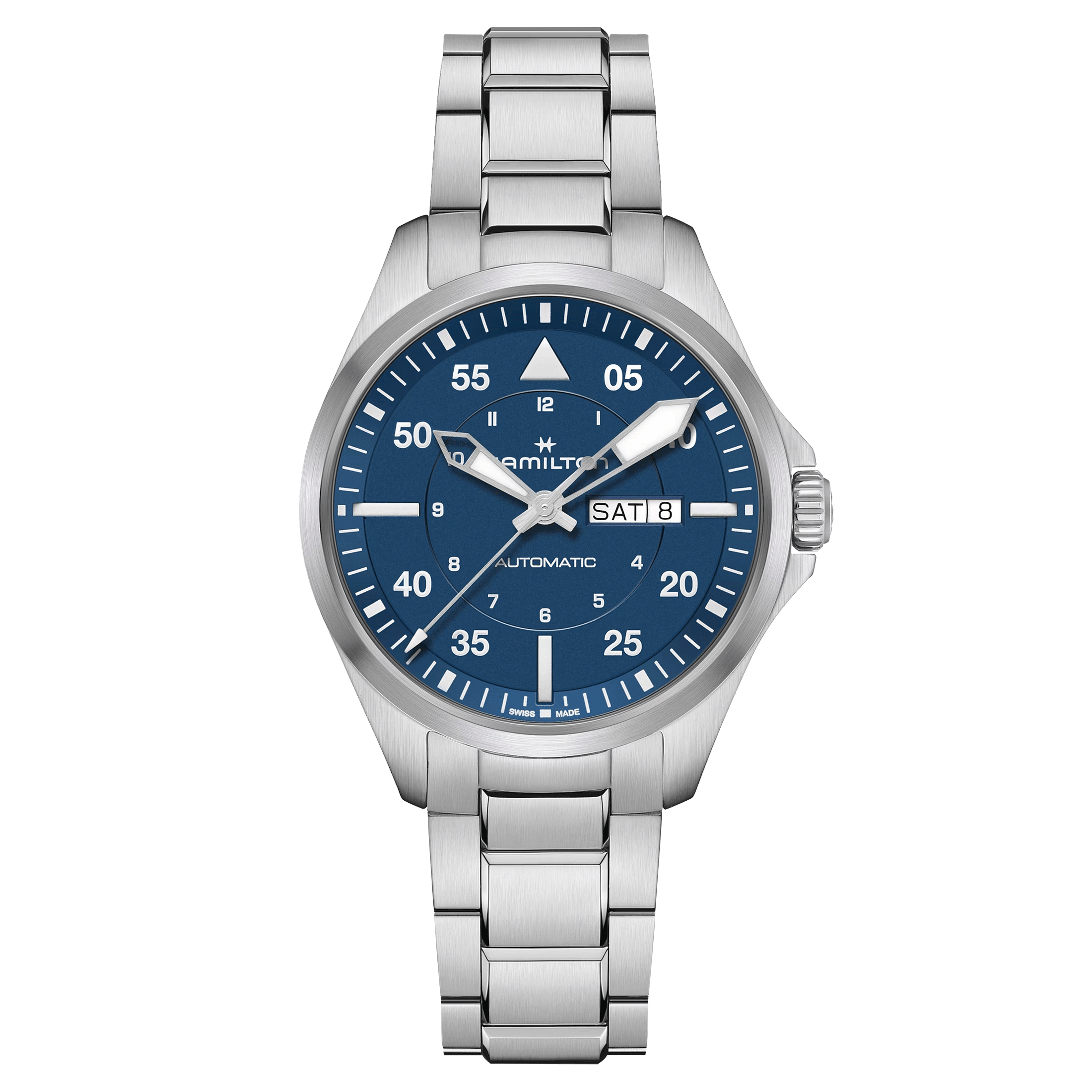 Hamilton Khaki Aviation Pilot Day Date automatic watch blue dial steel bracelet 42 mm