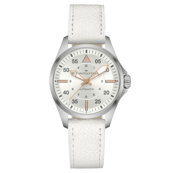 Hamilton Khaki Aviation Pilot automatic watch silver dial white leather strap 36 mm