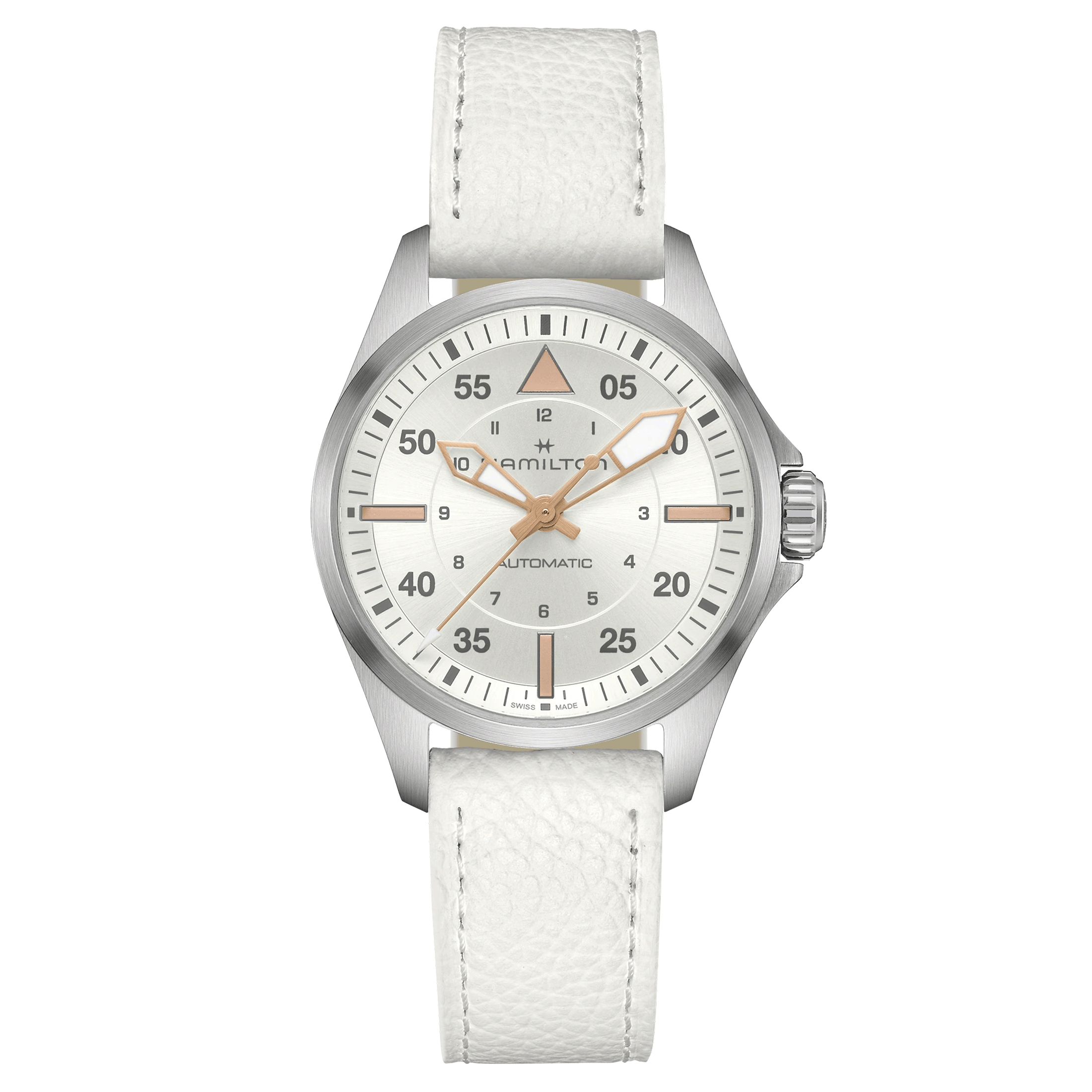 Montre Hamilton Khaki Aviation Pilot automatique cadran argent bracelet cuir blanc 36 mm H76215850