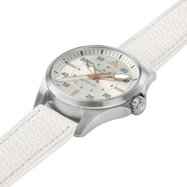 Montre Hamilton Khaki Aviation Pilot automatique cadran argent bracelet cuir blanc 36 mm H76215850
