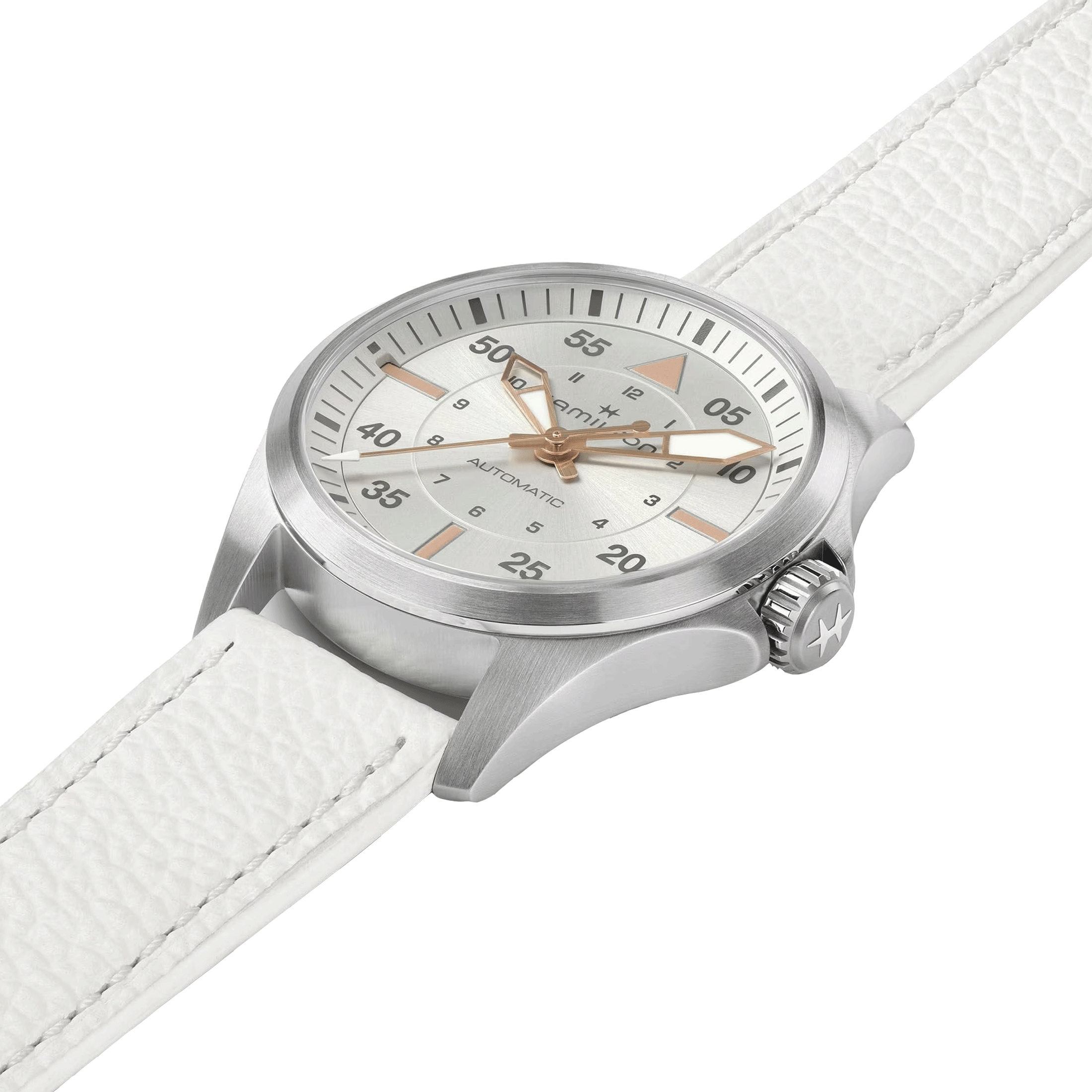 Montre Hamilton Khaki Aviation Pilot automatique cadran argent bracelet cuir blanc 36 mm H76215850