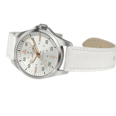 Montre Hamilton Khaki Aviation Pilot automatique cadran argent bracelet cuir blanc 36 mm H76215850