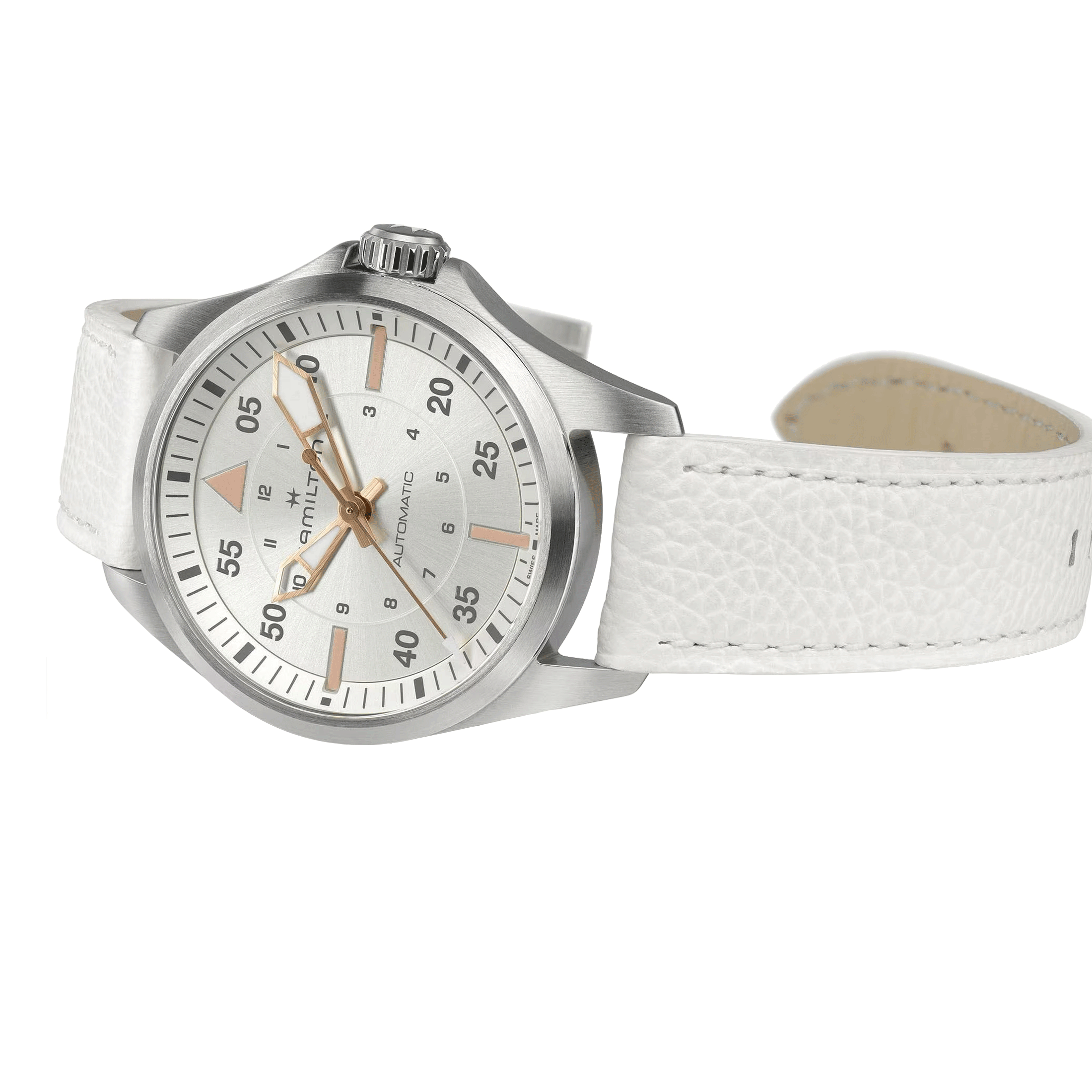 Hamilton Khaki Aviation Pilot automatic watch silver dial white leather strap 36 mm