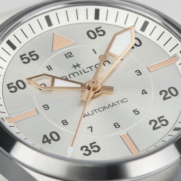 Montre Hamilton Khaki Aviation Pilot automatique cadran argent bracelet cuir blanc 36 mm H76215850