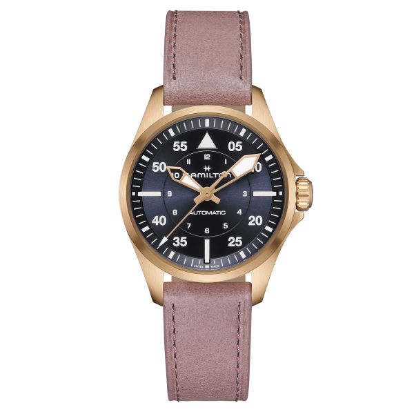 Hamilton Khaki Aviation Pilot PVD rose gold automatic watch blue dial pink leather strap 36 mm