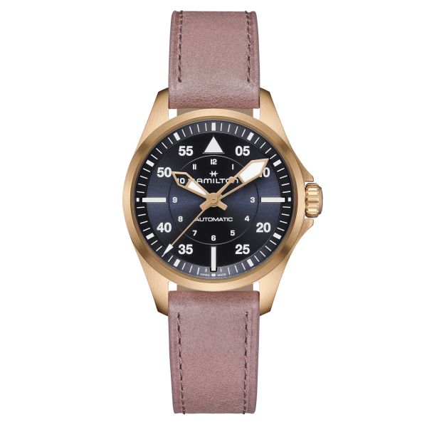 Montre Hamilton Khaki Aviation Pilot PVD or rose automatique cadran bleu bracelet cuir rose 36 mm H76245840