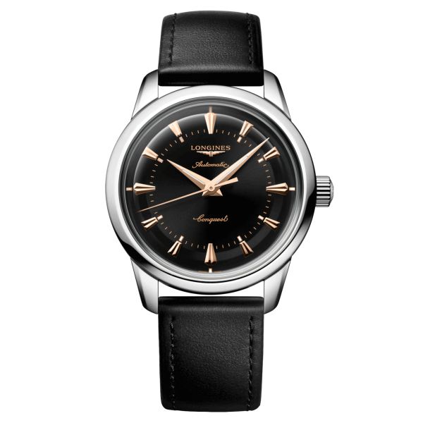 Longines Conquest Heritage automatic watch black dial black leather strap 38 mm