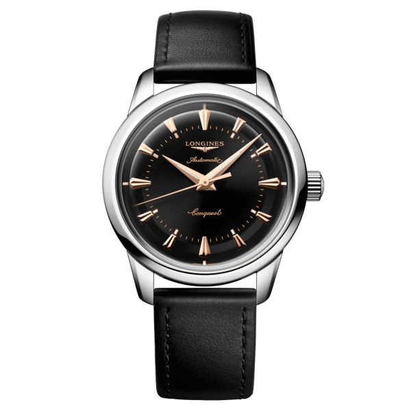 Montre Longines Conquest Heritage automatique cadran noir bracelet cuir noir 38 mm L1.649.4.52.2