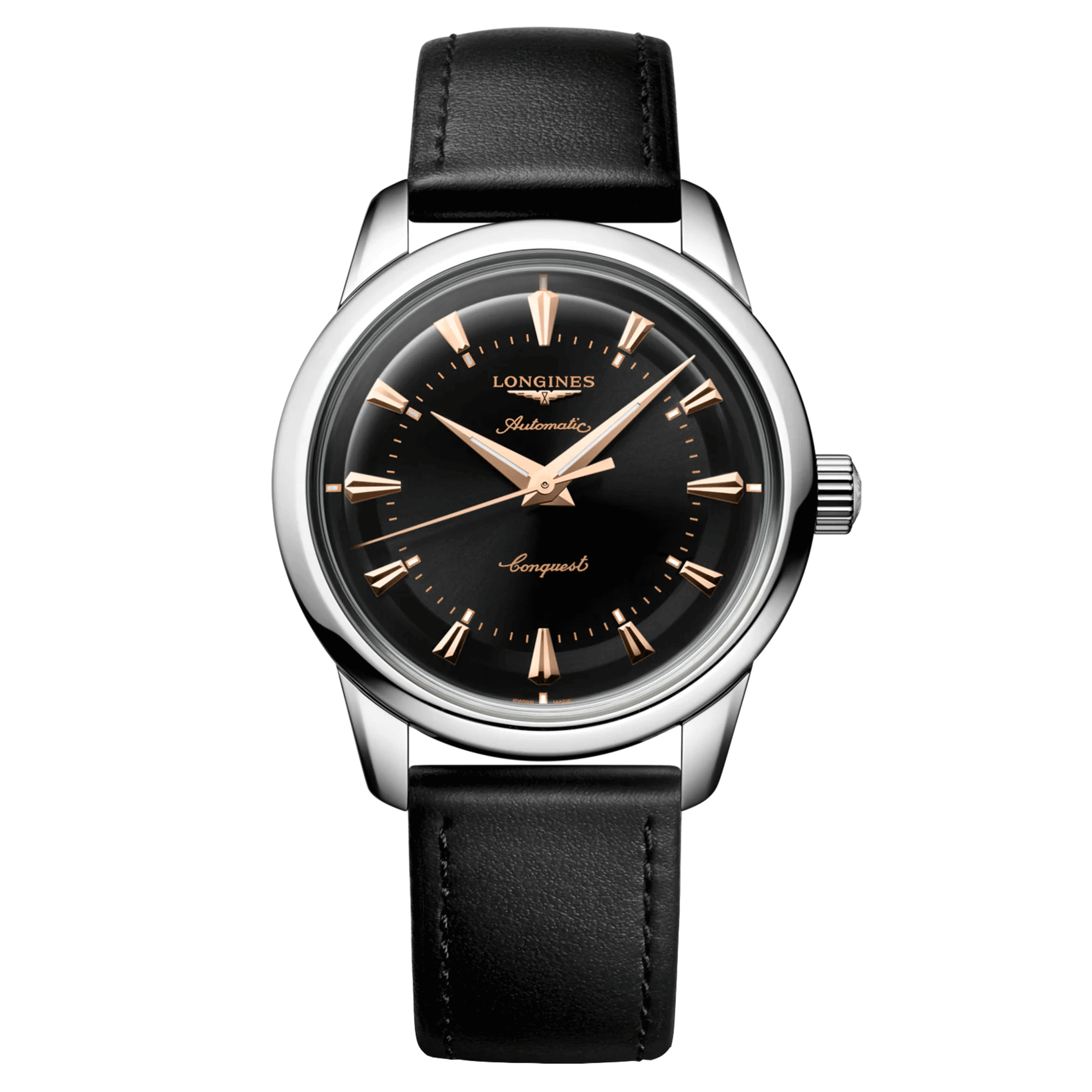 Longines Conquest Heritage automatic watch black dial black leather strap 38 mm