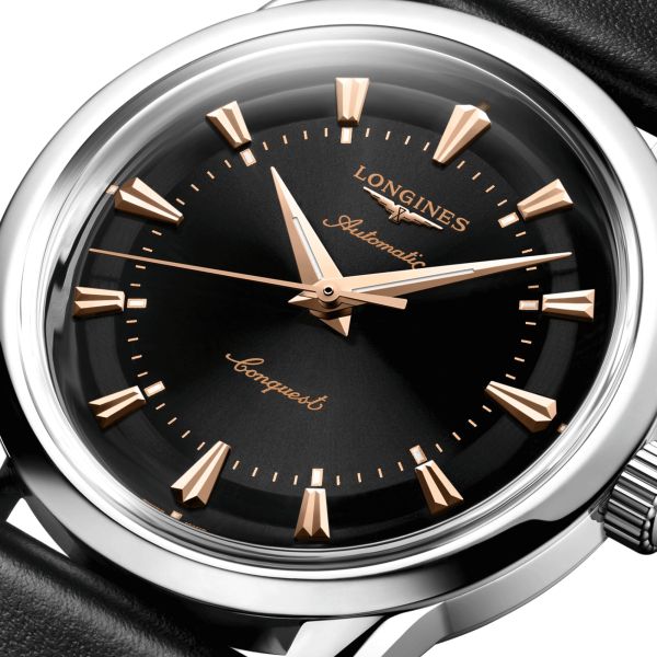 Longines Conquest Heritage automatic watch black dial black leather strap 38 mm