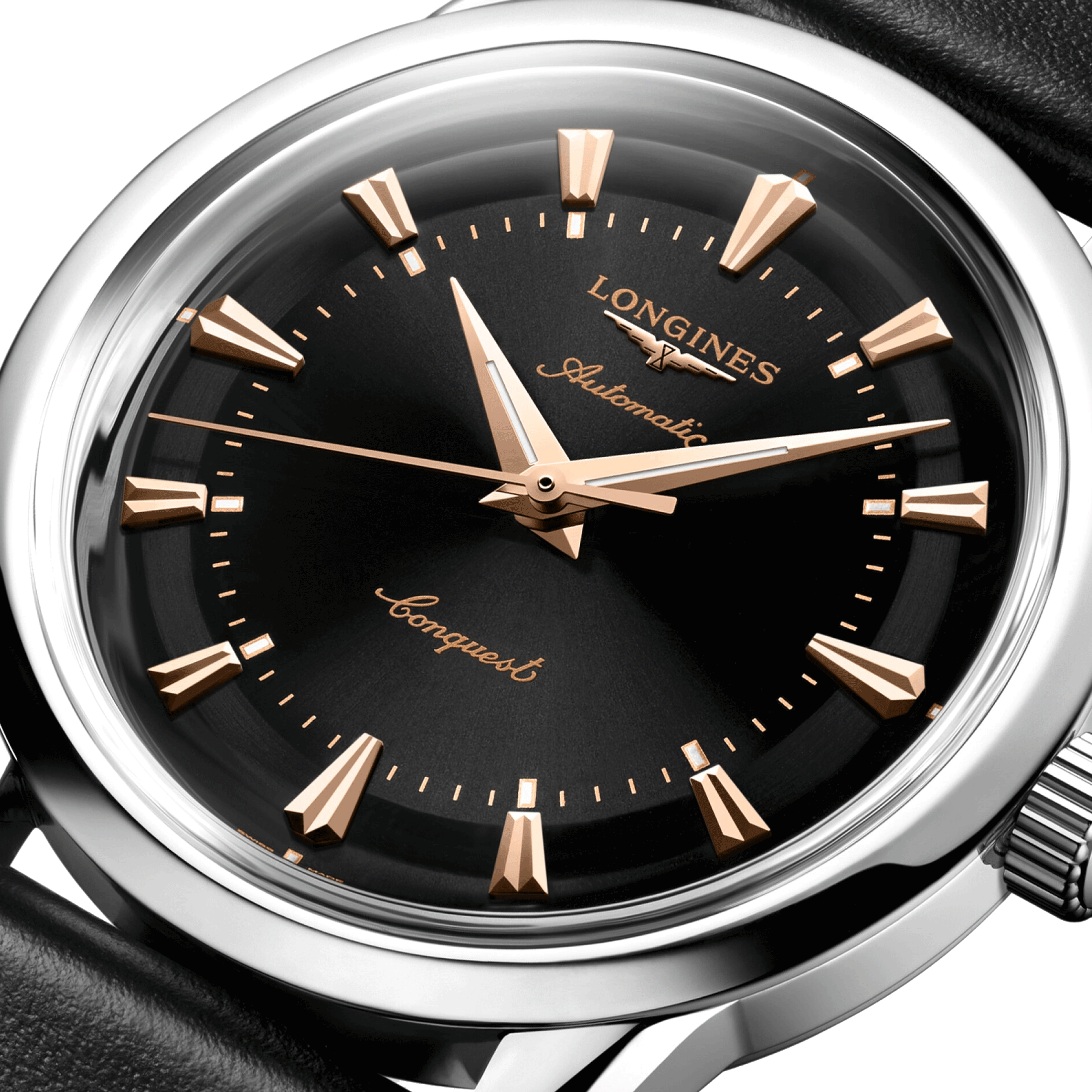 Longines Conquest Heritage automatic watch black dial black leather strap 38 mm