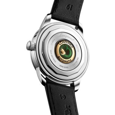 Longines Conquest Heritage automatic watch black dial black leather strap 38 mm