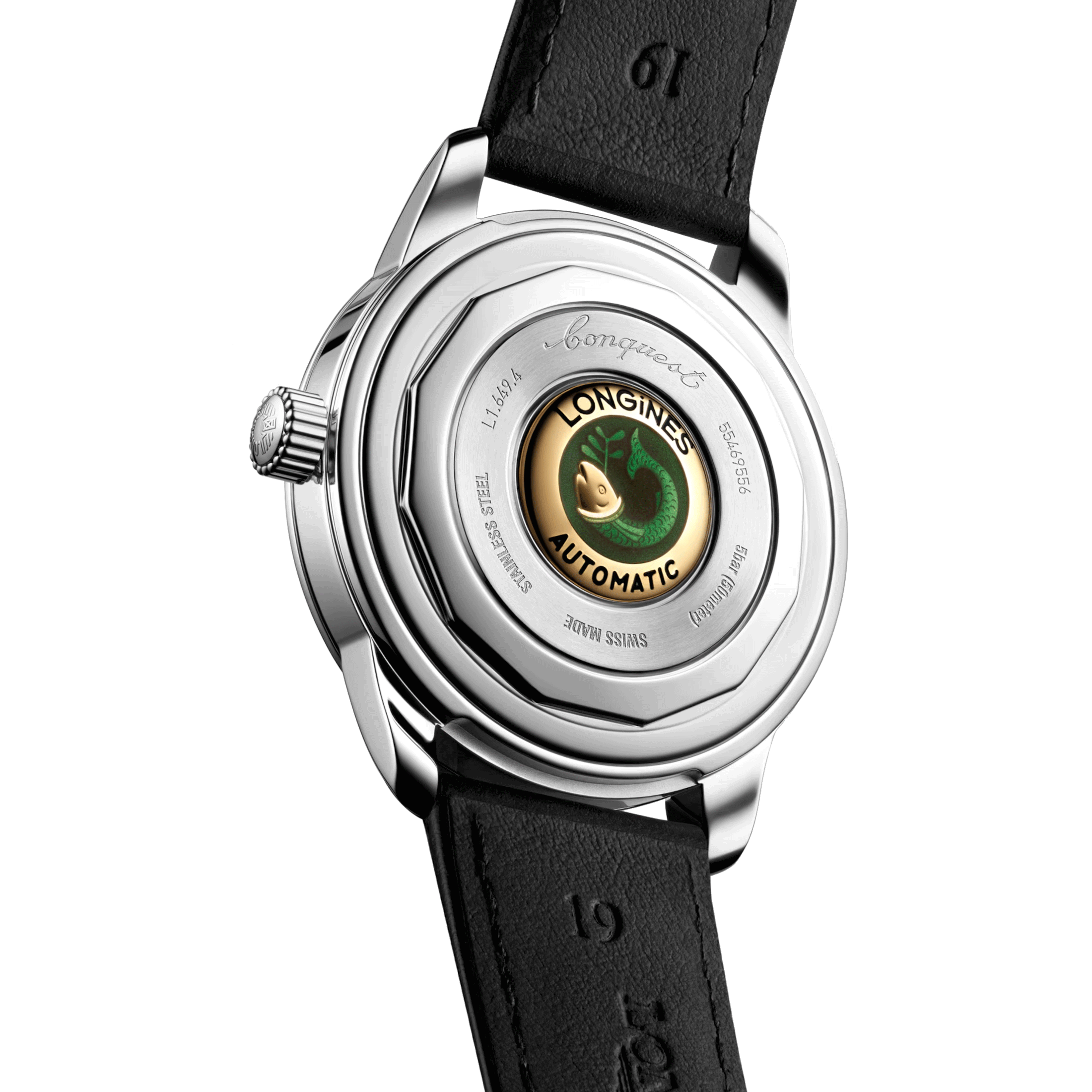 Longines Conquest Heritage automatic watch black dial black leather strap 38 mm