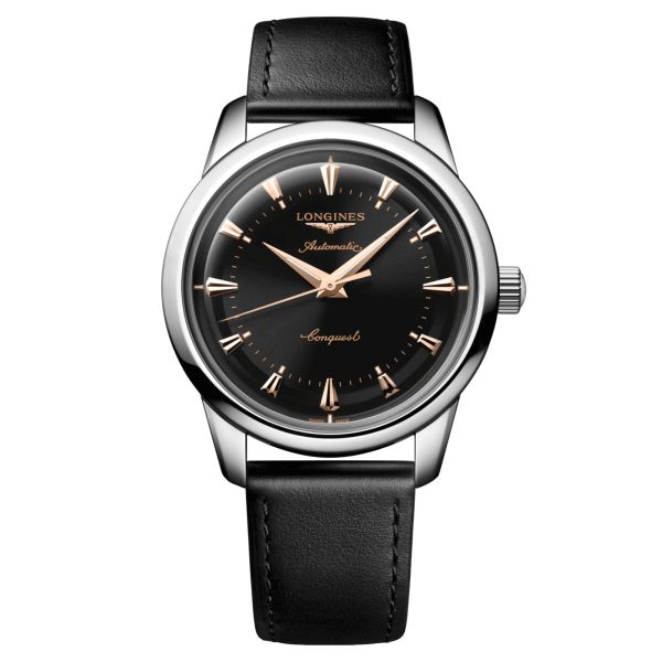 Longines Conquest Heritage automatic watch black dial black leather strap 40 mm