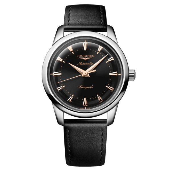 Montre Longines Conquest Heritage automatique cadran noir bracelet cuir noir 40 mm L1.650.4.52.2