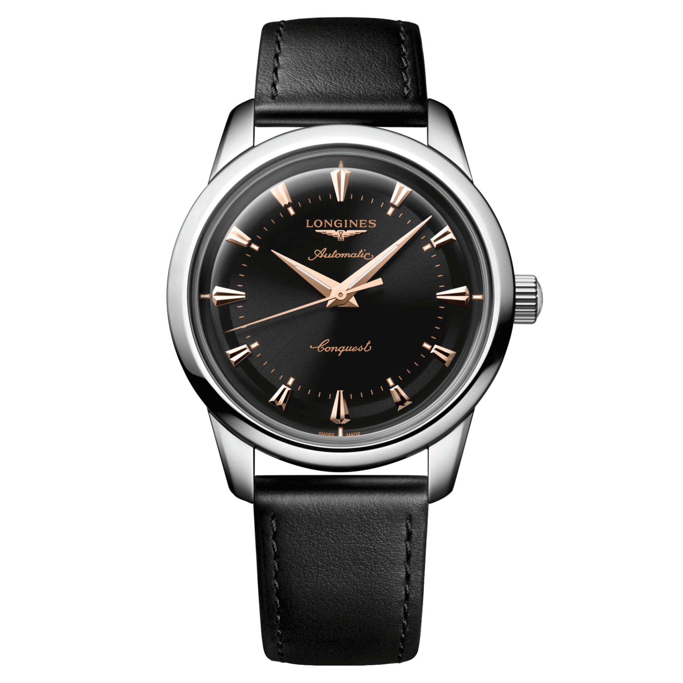 Longines Conquest Heritage automatic watch black dial black leather strap 40 mm