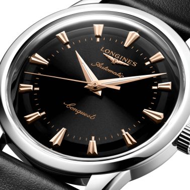 Montre Longines Conquest Heritage automatique cadran noir bracelet cuir noir 40 mm L1.650.4.52.2