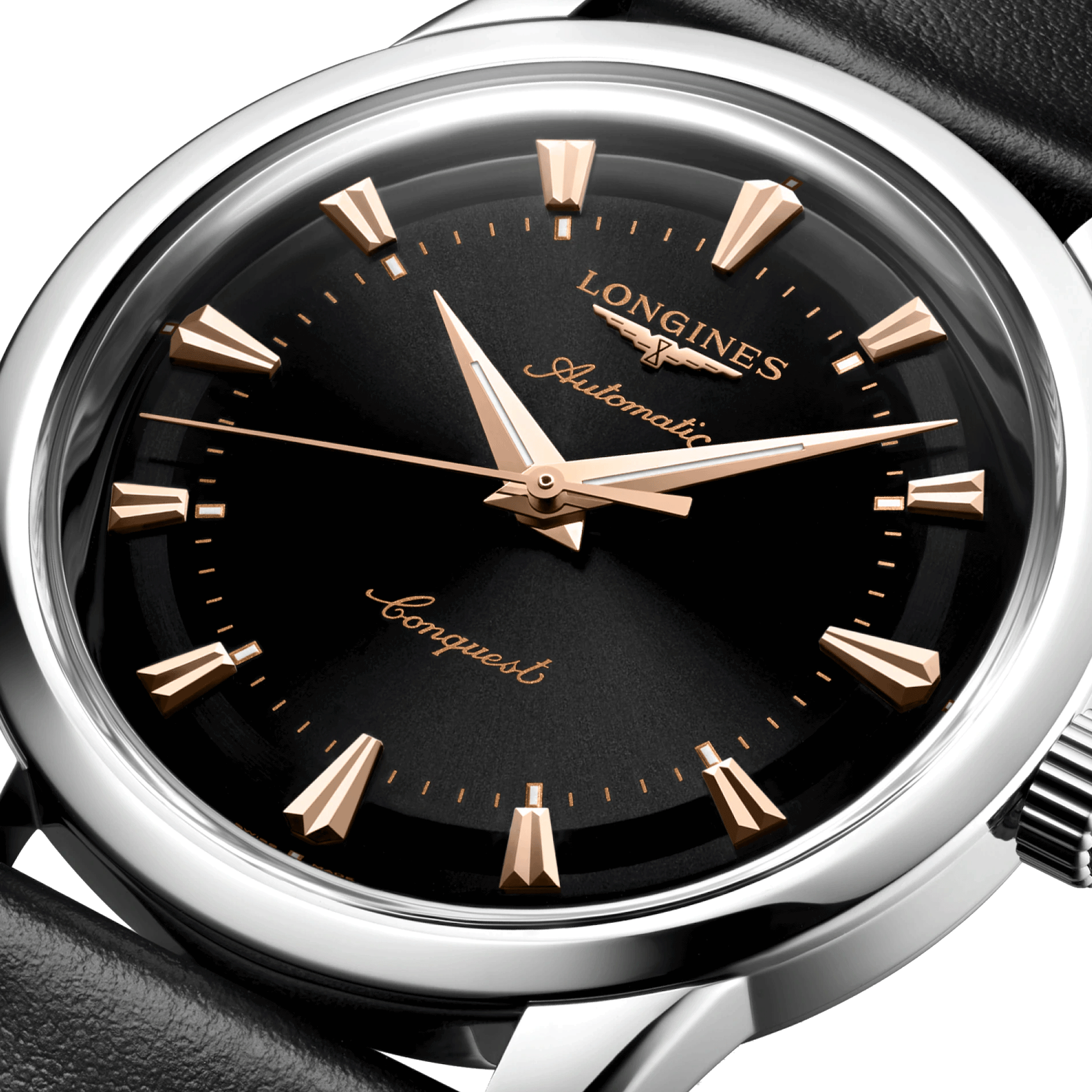 Longines Conquest Heritage automatic watch black dial black leather strap 40 mm