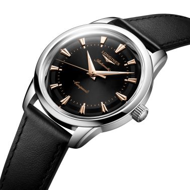 Longines Conquest Heritage automatic watch black dial black leather strap 40 mm