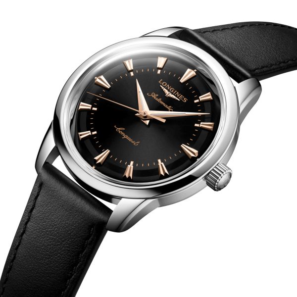 Longines Conquest Heritage automatic watch black dial black leather strap 40 mm