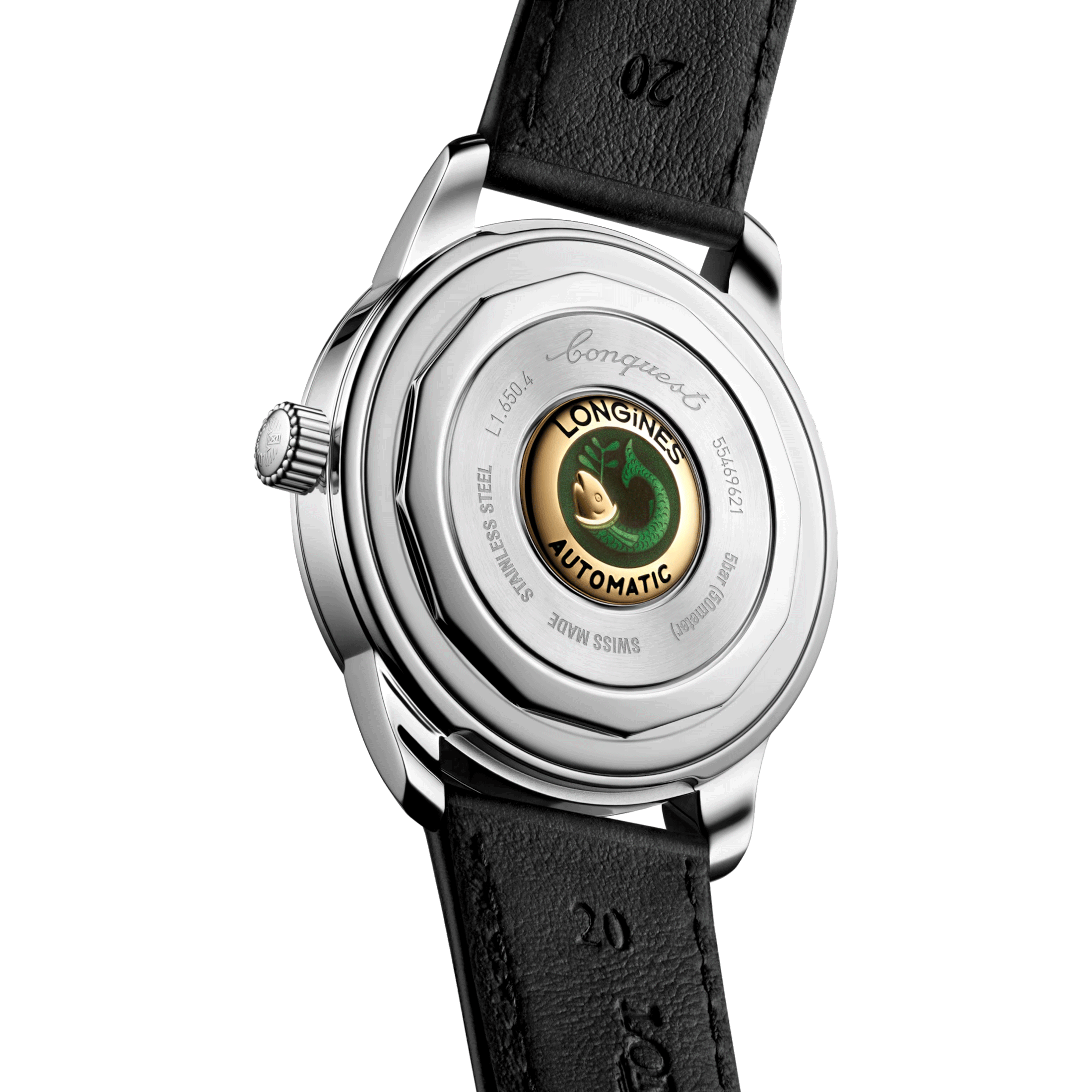 Longines Conquest Heritage automatic watch black dial black leather strap 40 mm