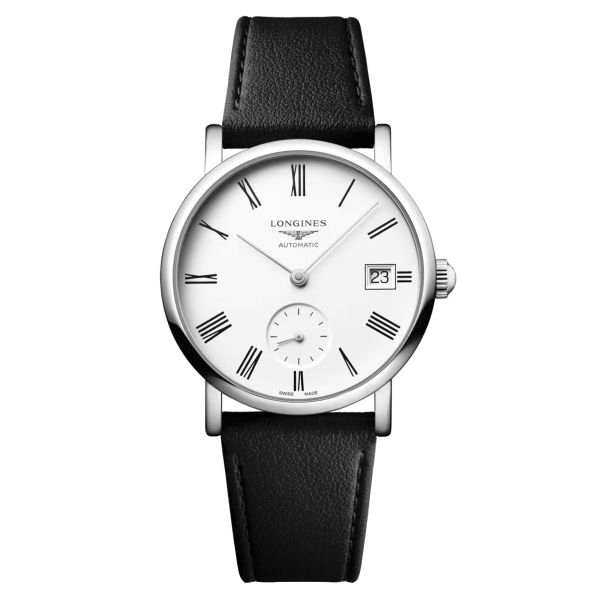 Longines Elegant Collection automatic watch white dial black leather strap 34,5 mm