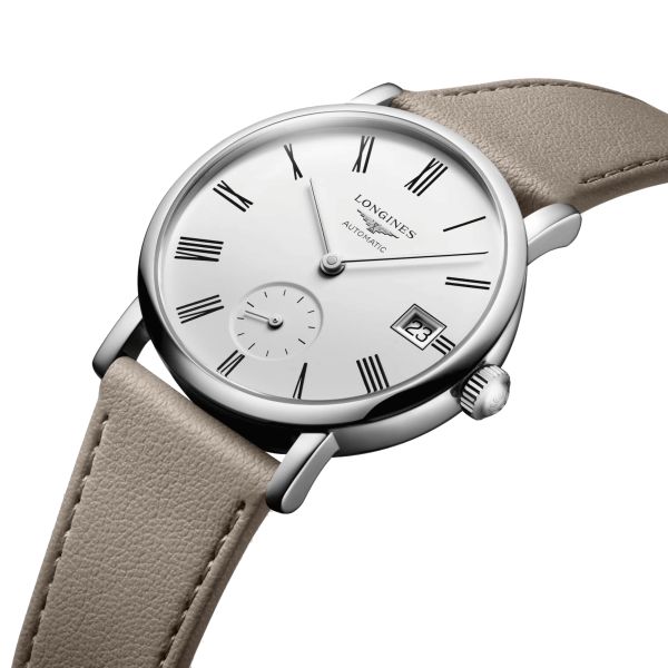 Montre Longines Elegant Collection automatique cadran blanc bracelet cuir beige 34,5 mm L4.312.4.11.2