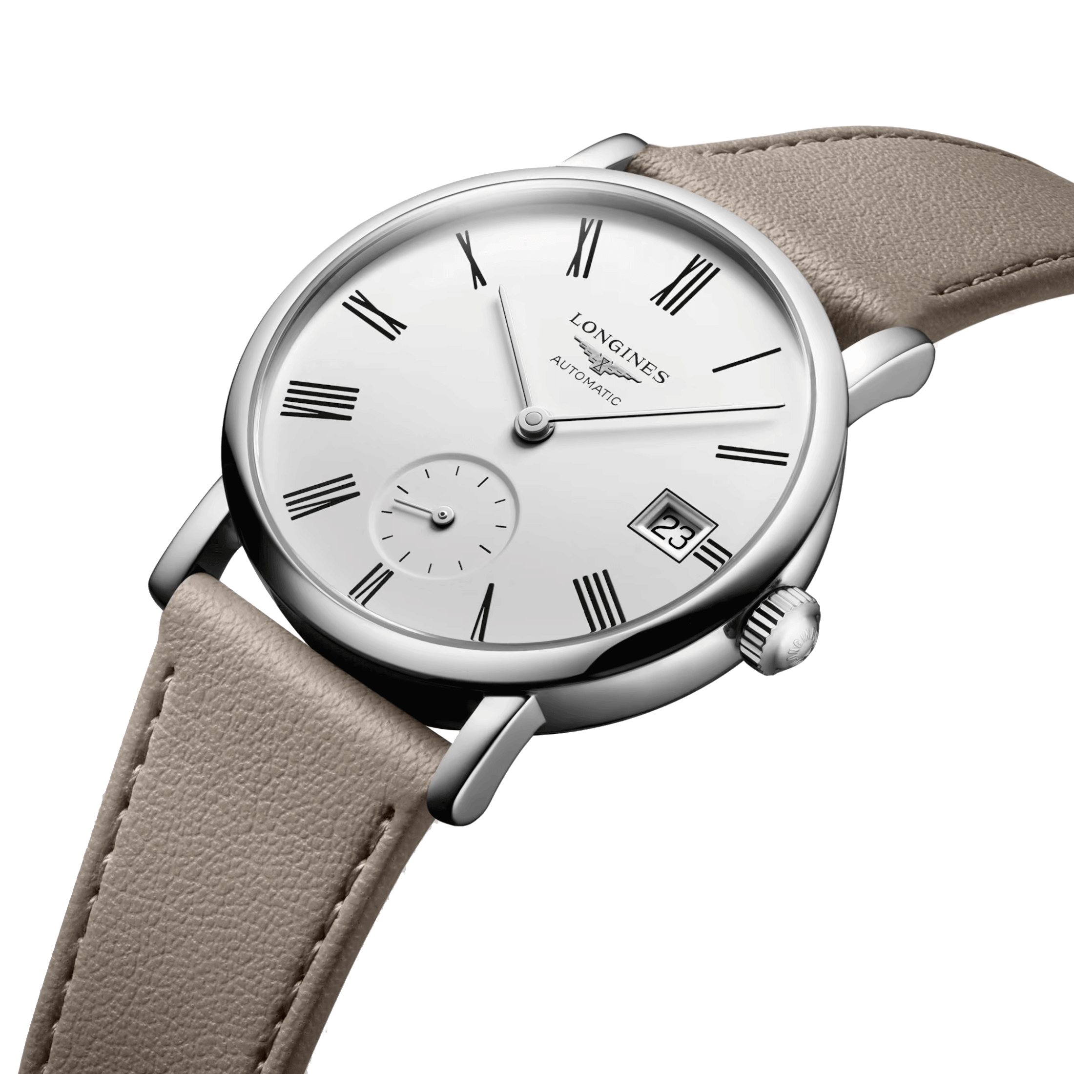 Montre Longines Elegant Collection automatique cadran blanc bracelet cuir beige 34,5 mm L4.312.4.11.2