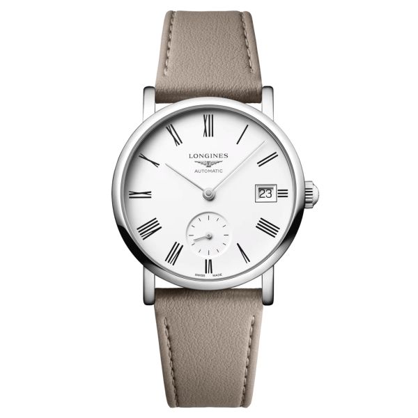 Longines Elegant Collection automatic watch white dial beige leather strap 34,5 mm