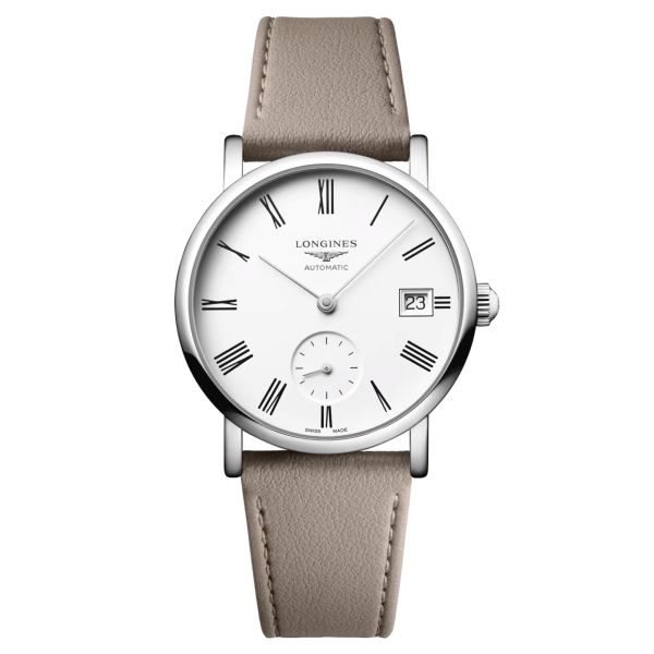 Montre Longines Elegant Collection automatique cadran blanc bracelet cuir beige 34,5 mm L4.312.4.11.2