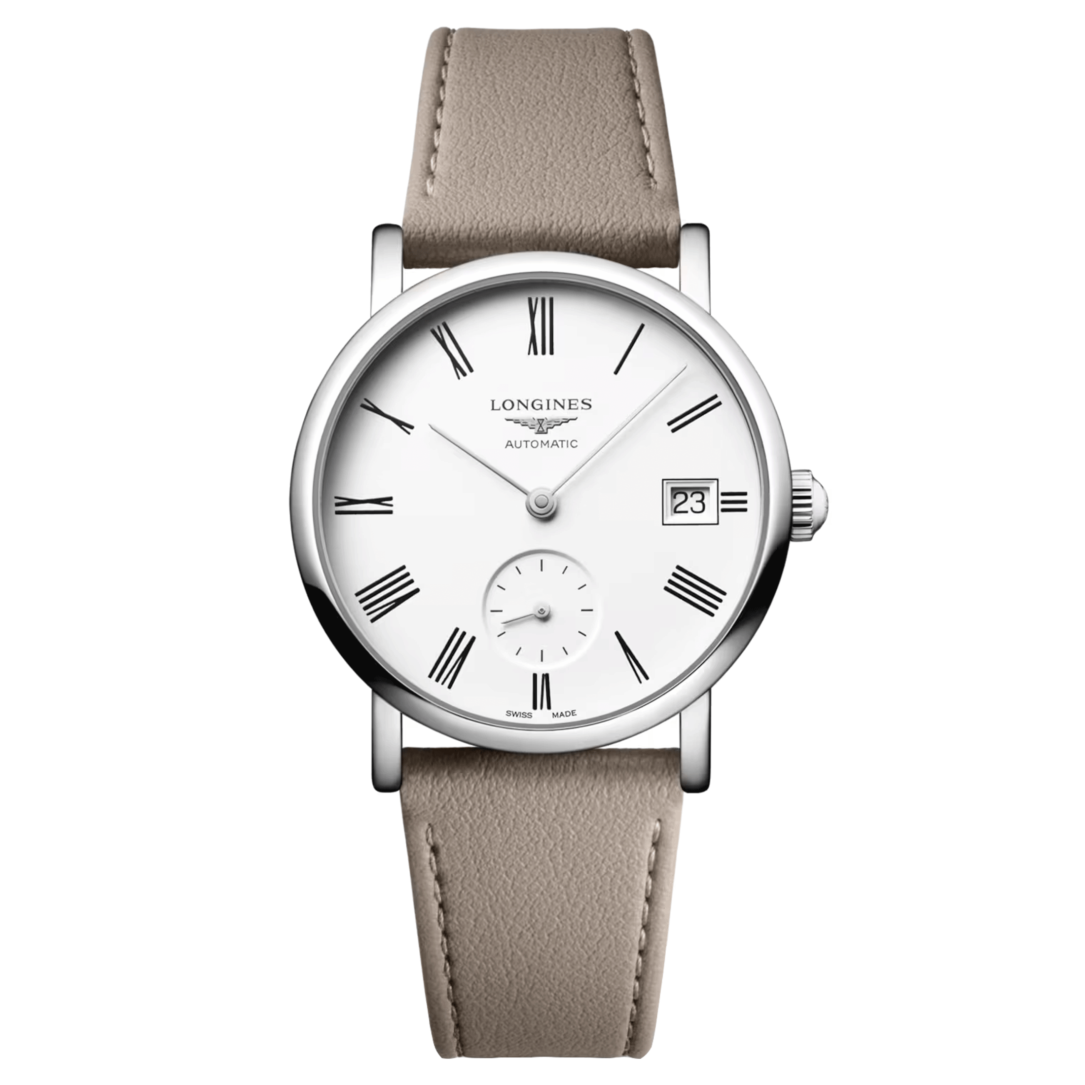 Montre Longines Elegant Collection automatique cadran blanc bracelet cuir beige 34,5 mm L4.312.4.11.2