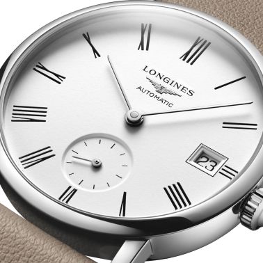 Montre Longines Elegant Collection automatique cadran blanc bracelet cuir beige 34,5 mm L4.312.4.11.2