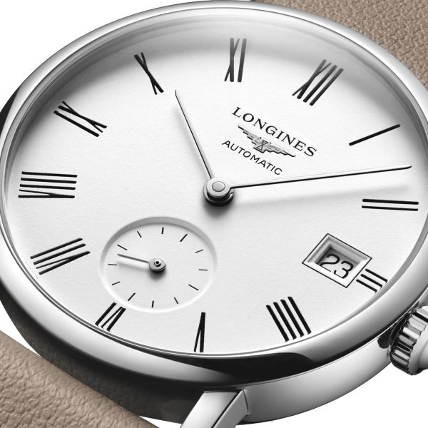 Montre Longines Elegant Collection automatique cadran blanc bracelet cuir beige 34,5 mm L4.312.4.11.2