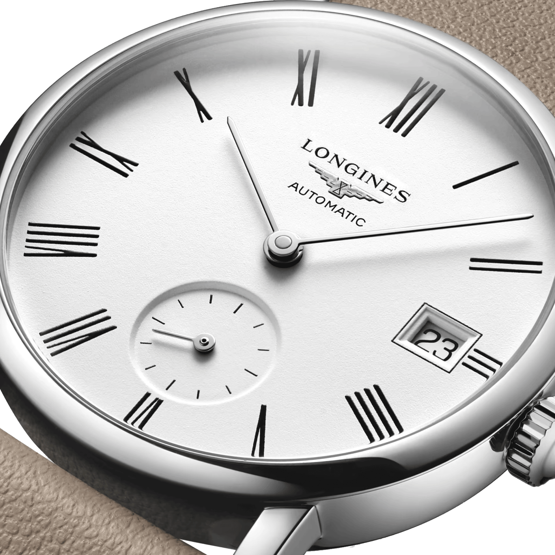 Montre Longines Elegant Collection automatique cadran blanc bracelet cuir beige 34,5 mm L4.312.4.11.2
