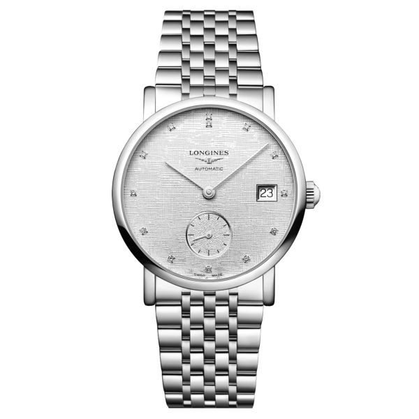 Longines Elegant Collection automatic watch with diamond markers grey dial steel bracelet 34.5 mm